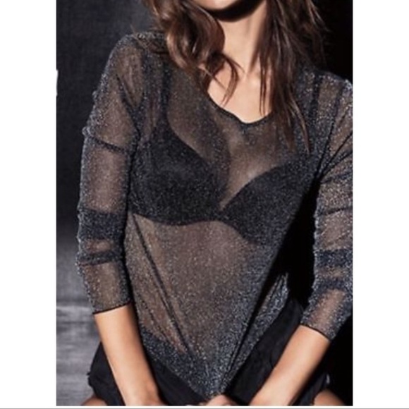 NWT Victoria's Secret Top XS Black Shimmery Sheer Long Sleeve Y2K Shirt - Picture 2 of 11